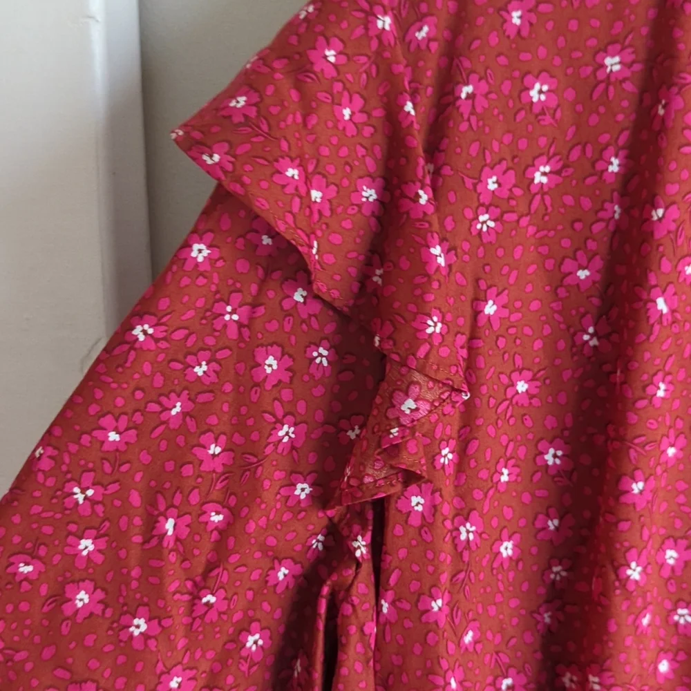 Ann Taylor Floral Ruffle Trim Shift Dress In RED Wild Hibiscus/ XLTALL Fall Mini - Picture 7 of 8